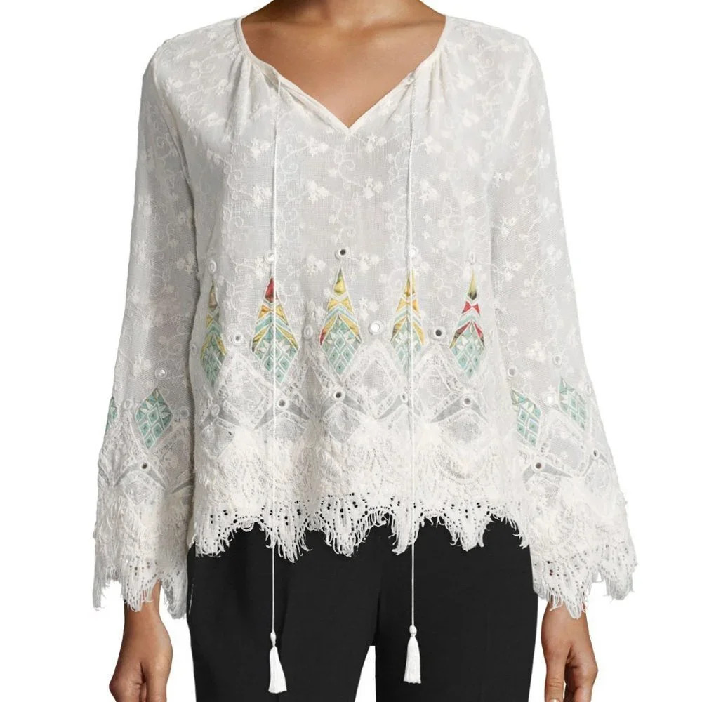 Elie Tahari Imelda Long-Sleeve Embroidered Blouse Natural - 18481 - Picture 1 of 10